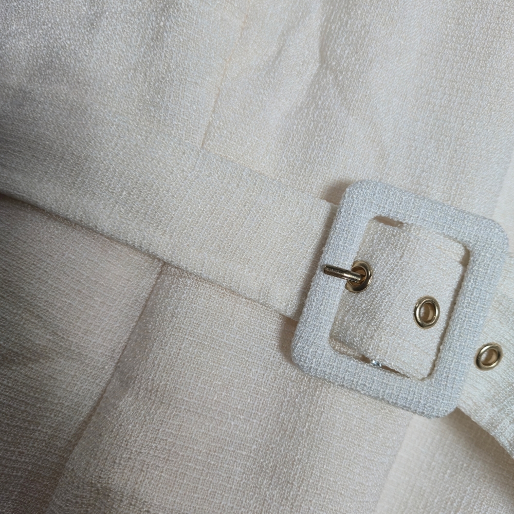 Tahari Vanilla Belted Textured Sheath Dress Off White Cream Fringe Short Sleeve - Picture 13 of 14